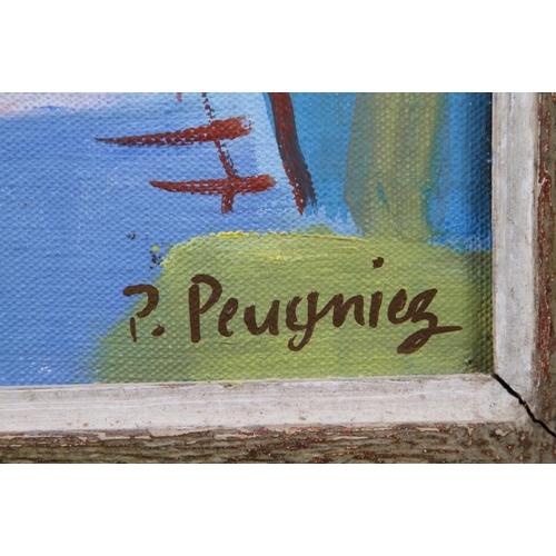 525 - Pauline Peugniez: an oil on canvas faced board, figures in interior, 14