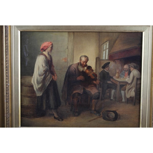 532 - A 19th century oil on canvas, fiddler in a tavern, 12