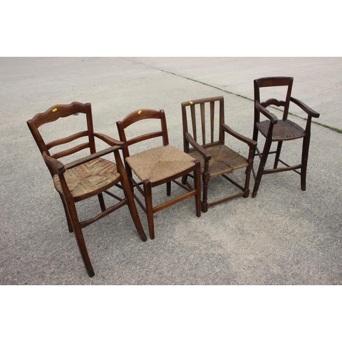 615 - Two child's high chairs with rush seats, a similar low chair, another similar chair and a stool, uph... 