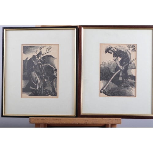 455 - Clare Leighton: two framed lino-cuts, men scything and planting a tree, and C F Tunnicliffe: a set o... 