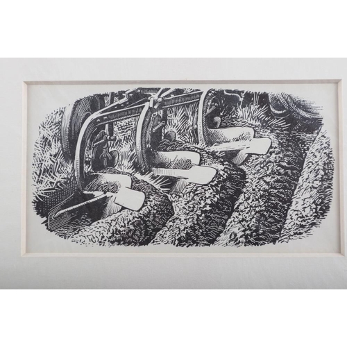 455 - Clare Leighton: two framed lino-cuts, men scything and planting a tree, and C F Tunnicliffe: a set o... 