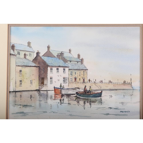 487 - Jack Harris: watercolours, figures in boats, houses and quayside, 9