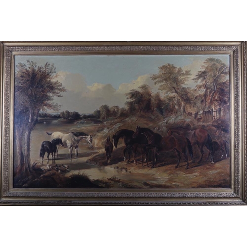 519 - Barrington Bramley, after Herring: oil on canvas, horses by a stream, 25 1/2