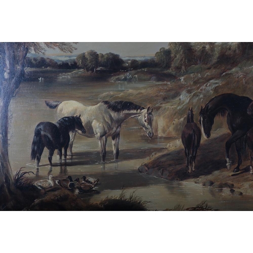 519 - Barrington Bramley, after Herring: oil on canvas, horses by a stream, 25 1/2