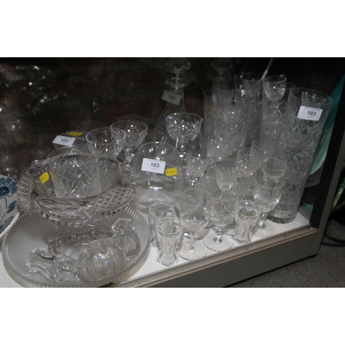 103 - Two Richardson cut glass decanters, a pair of brandy balloons, a table centre and various pedestal a... 