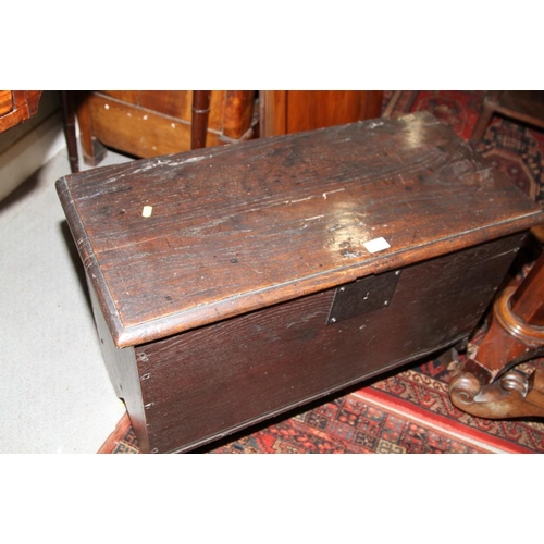 550 - An early 18th century oak boarded box/coffer, on panel end supports, 31 1/2