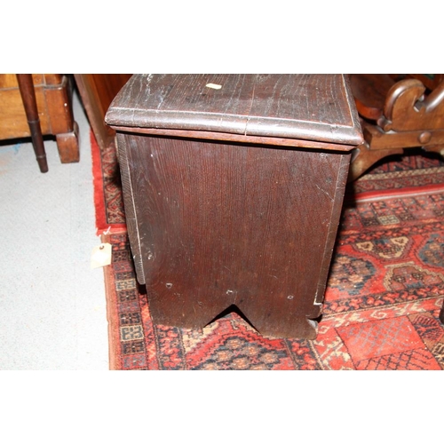 550 - An early 18th century oak boarded box/coffer, on panel end supports, 31 1/2