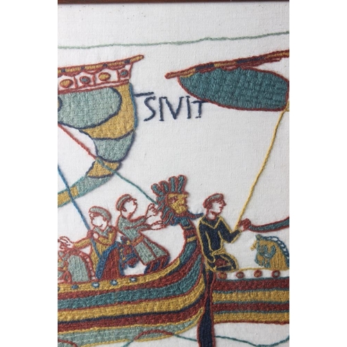 233 - An embroidered panel after the Bayeaux tapestry, the invasion fleet at sea, 20