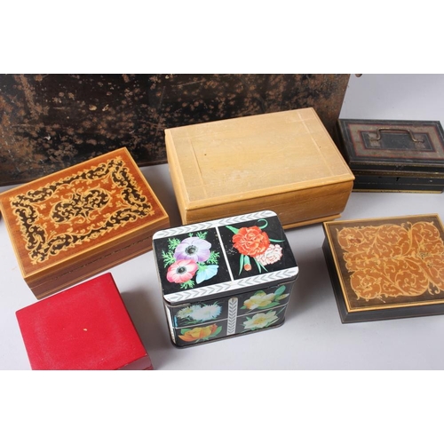 254 - A black japanned deed box, a smaller similar cash tin, two Sorrento marquetry boxes and a number of ... 