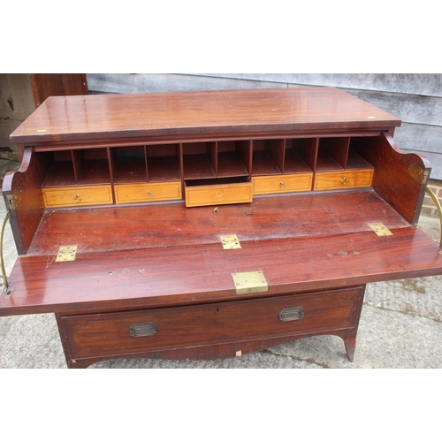 503 - A 19th century mahogany and line inlaid secretaire chest with fitted interior over three long gradua... 