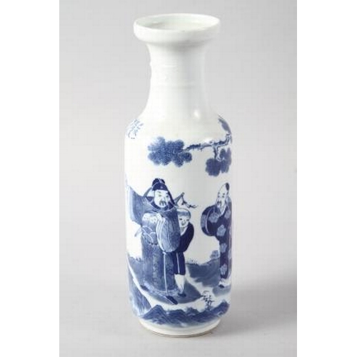 104 - A Chinese blue and white cylindrical vase, decorated figures, six character mark to base, 10