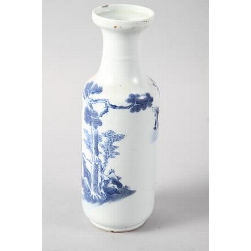 104 - A Chinese blue and white cylindrical vase, decorated figures, six character mark to base, 10