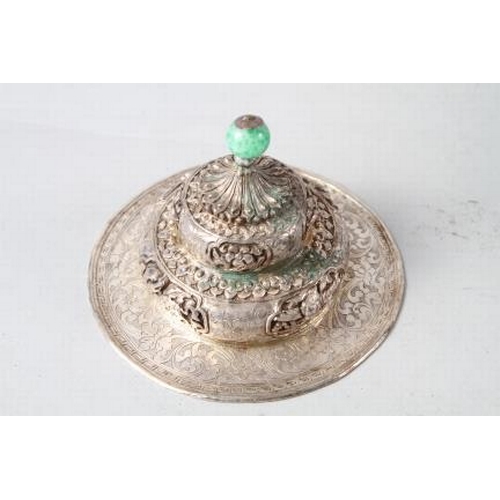 126 - A Chinese ceremonial white metal cup, cover and stand with jade bowl, 7