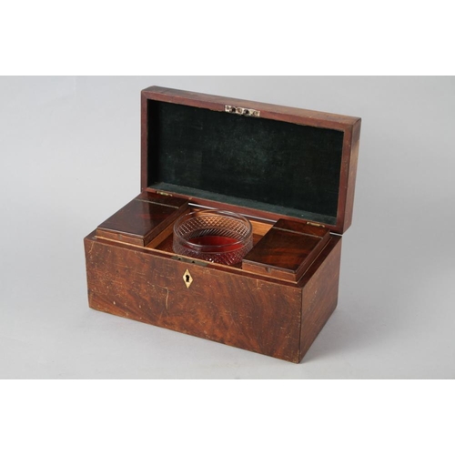 166 - A 19th century mahogany two-division tea caddy with central glass mixing bowl, 12