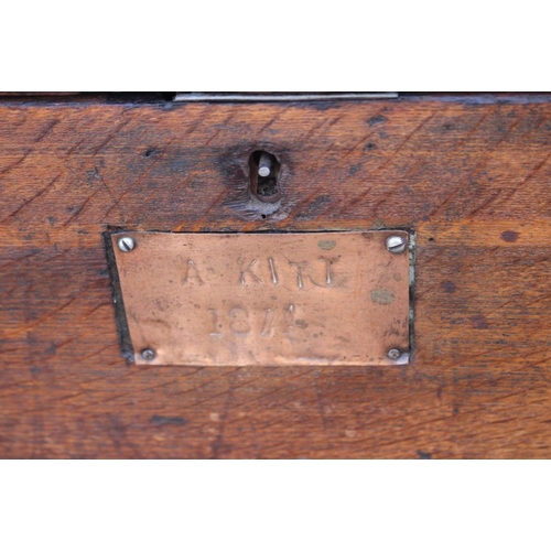 167 - A craftman's 19th century oak workbox with two sliding trays and wrought iron carry handles, 20