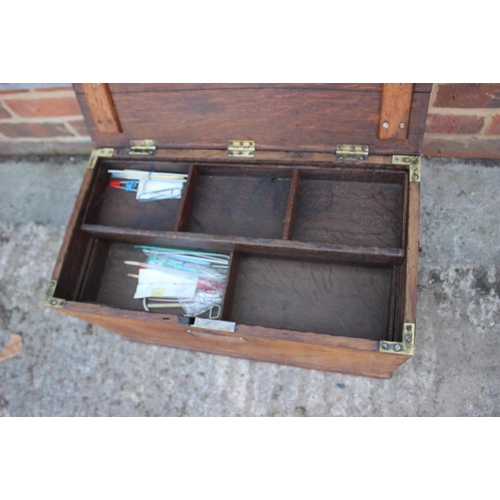 167 - A craftman's 19th century oak workbox with two sliding trays and wrought iron carry handles, 20