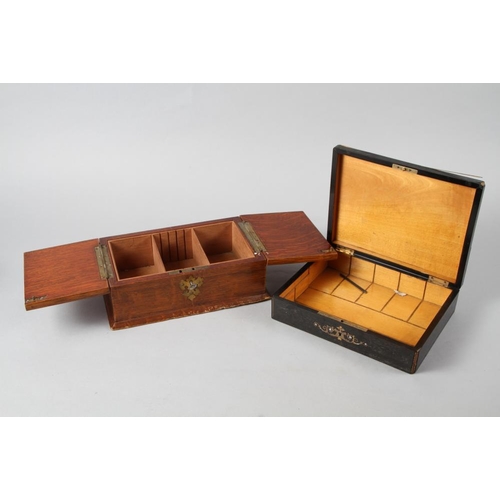 169 - An oak and brass bound table cigarette box and a 19th century French ebonised and inlaid workbox