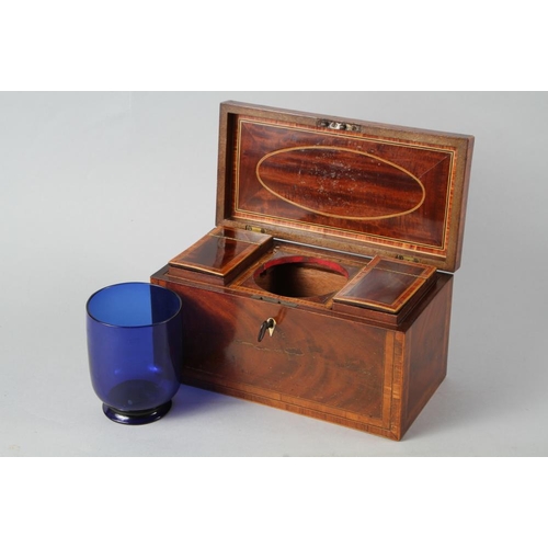 171 - A 19th century mahogany and banded two-division tea caddy with Bristol blue glass mixing bowl