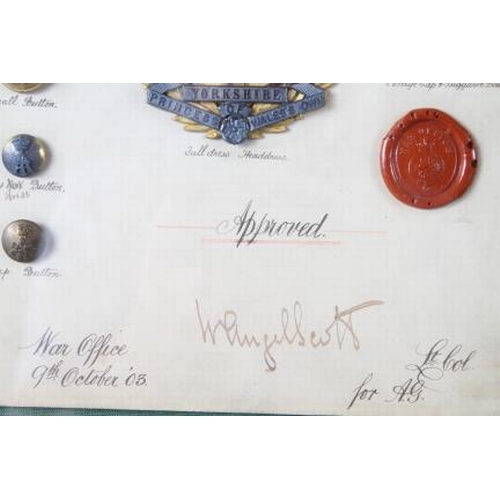 195 - An early 20th century regimental badge approval for Alexandra the Princess of Wales Own (Yorkshire R... 