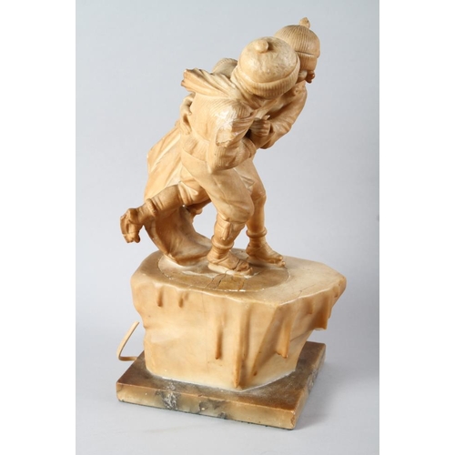 270 - An alabaster table lamp, formed as children ice skating, 15 3/4