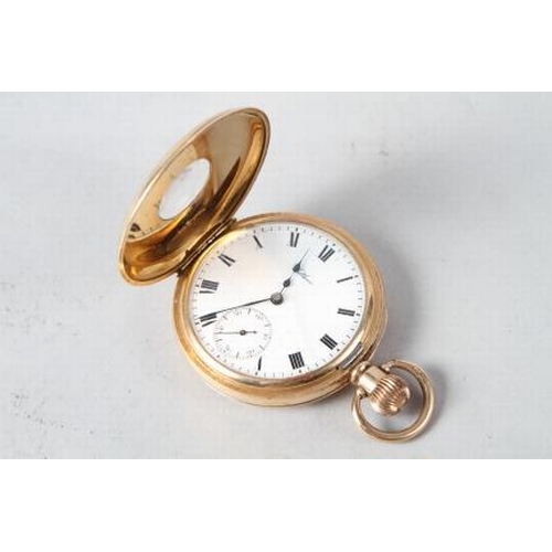 337 - A Waltham rolled gold half hunter pocket watch with subsidiary seconds dial (cracked glass)