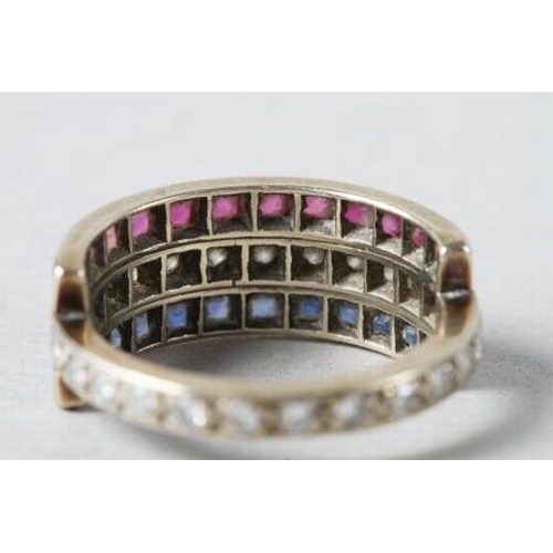 343 - A yellow metal, diamond, ruby and sapphire dress ring, size N, 4.5g