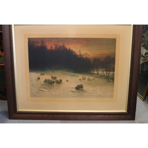 390 - After John Farquharson: a pair of colour prints, winter scenes, in oak frames, and a companion print... 