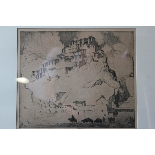 394 - Ernest Lumsden: An early 20th century etching, Tibetan Monastry with caravan of yaks, indistinctly s... 