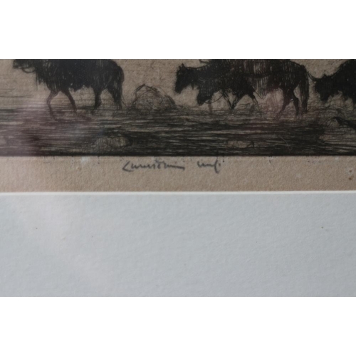 394 - Ernest Lumsden: An early 20th century etching, Tibetan Monastry with caravan of yaks, indistinctly s... 