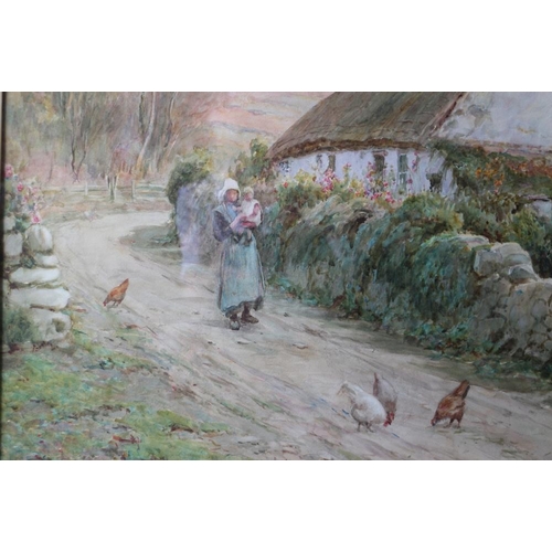 433 - Tom Clough: watercolours, woman and child on a lane outside a cottage, Thos Agnew & Sons label verso... 