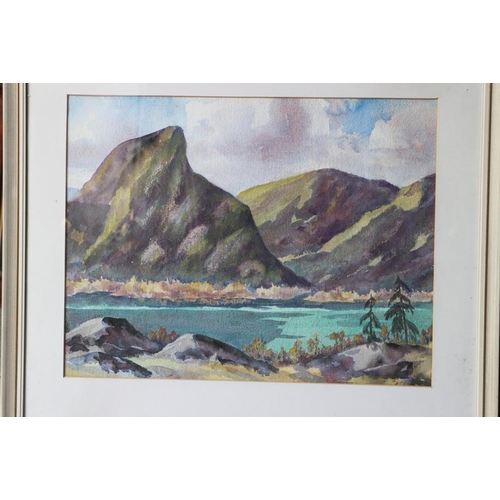 434 - R Darby: three watercolour landscapes, in strip frames, and a pair of late 19th century furnishing p... 