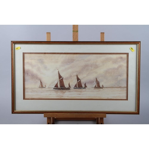 452 - Allan Everard: watercolours, harbour scene with Thames barges, 11 1/2