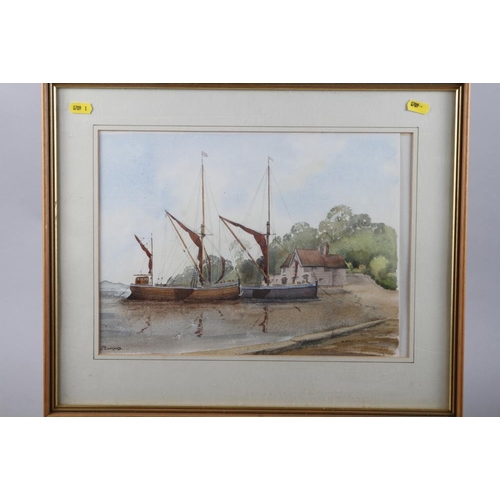 452 - Allan Everard: watercolours, harbour scene with Thames barges, 11 1/2