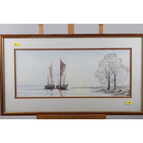 452 - Allan Everard: watercolours, harbour scene with Thames barges, 11 1/2