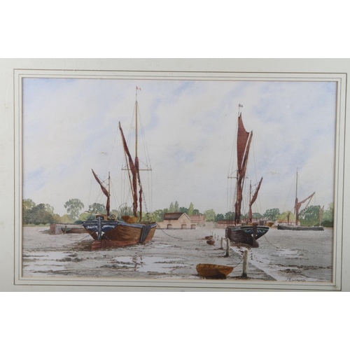 452 - Allan Everard: watercolours, harbour scene with Thames barges, 11 1/2