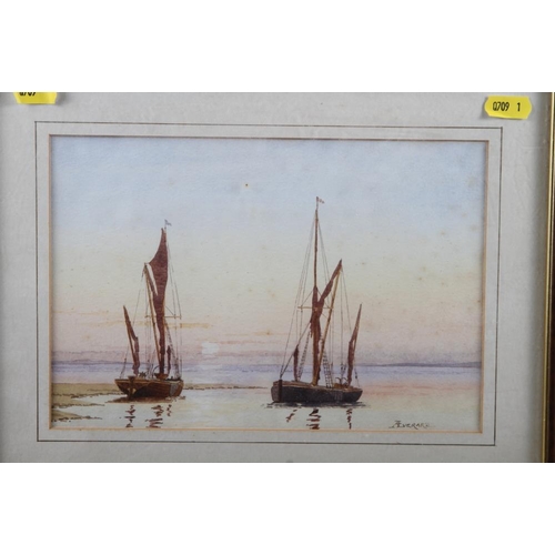 452 - Allan Everard: watercolours, harbour scene with Thames barges, 11 1/2