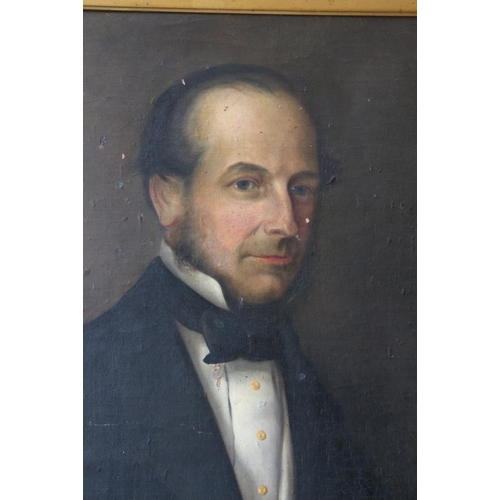 471 - A mid 19th century oil on canvas, portrait of an unknown gentleman in white silk waistcoat, 29 1/2