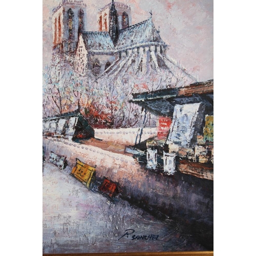 481 - R Sanchez: oil on canvas, view of Notre Dame Paris, 22 1/2