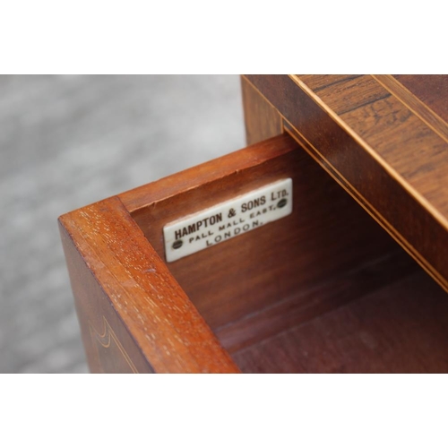 498 - A mahogany and inlaid side table, fitted writing slide over one long drawer, on square taper support... 