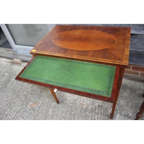 498 - A mahogany and inlaid side table, fitted writing slide over one long drawer, on square taper support... 