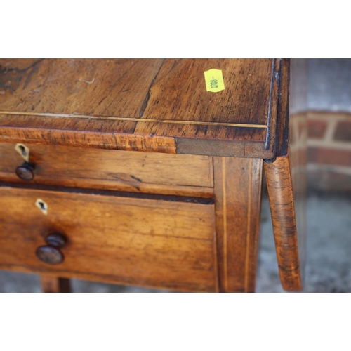 527 - A Regency rosewood work table, fitted three drawers and flap top, on panel end splay supports, 32