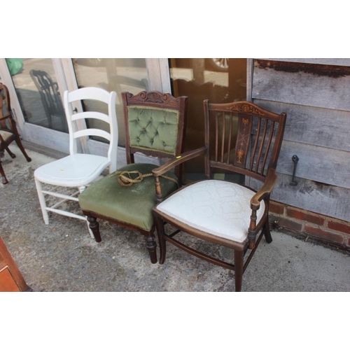 616 - An Edwardian mahogany and line inlaid lath back elbow chair, a Victorian low seat salon chair, butto... 