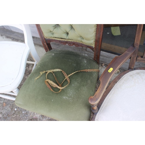 616 - An Edwardian mahogany and line inlaid lath back elbow chair, a Victorian low seat salon chair, butto... 