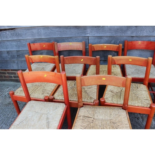 636 - A Harlequin set of eight early Habitat dining chairs with rush envelope seats and bar backs (4+4)