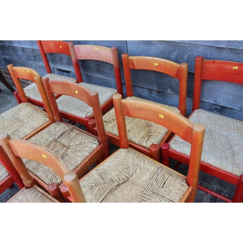 636 - A Harlequin set of eight early Habitat dining chairs with rush envelope seats and bar backs (4+4)