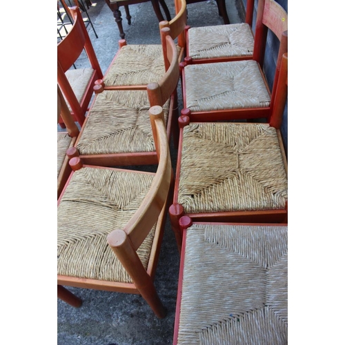 636 - A Harlequin set of eight early Habitat dining chairs with rush envelope seats and bar backs (4+4)