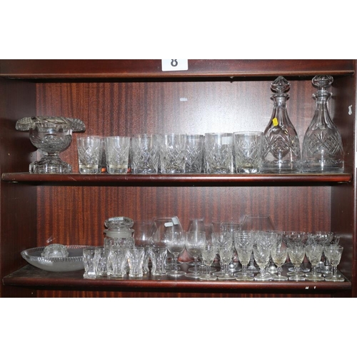 74 - Two Richardson cut glass decanters, a pair of brandy balloons, a table centre and various pedestal a... 