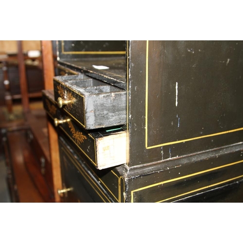 491 - A Regency ebonised and gilt tray top work table, fitted two small and one long drawer over cupboard,... 