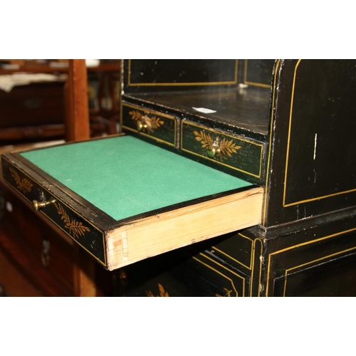 491 - A Regency ebonised and gilt tray top work table, fitted two small and one long drawer over cupboard,... 