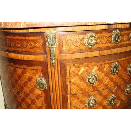 533 - An 18th century French mahogany, kingwood, rosewood and satinwood marquetry shape front marble top c... 